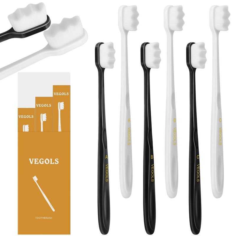 VEGOLS Adult Extra Soft Toothbrush with 20000 Soft Bristles, (Pack of 6) Micro Nano Manual Toothbrushes for Protect Sensitive Gums, Black/White - Image 1